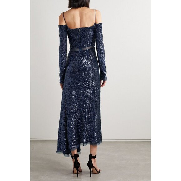 JASON WU COLLECTION Asymmetric navy cold-shoulder sequined chiffon maxi dress Si - Picture 2 of 12